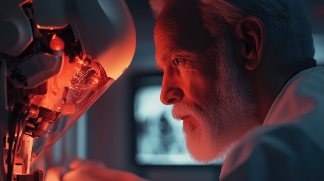 The scientist examines the red glow of the futuristic robot