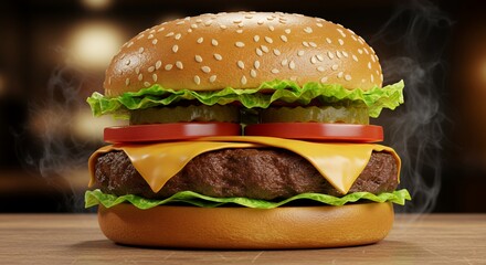 Juicy Cheeseburger Steaming Hot on Wooden Table