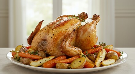 Golden Roasted Chicken with Herb-Roasted Vegetables, a picture of delicious comfort food.