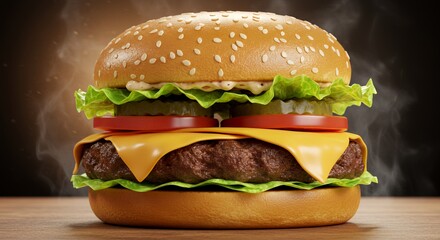 Juicy Cheeseburger Steaming on Wooden Table, Close-Up