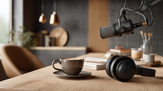 Podcast studio setup with microphone, coffee, headphones, and notebook suitable for podcasting, radio, audio production, broadcasting industries.