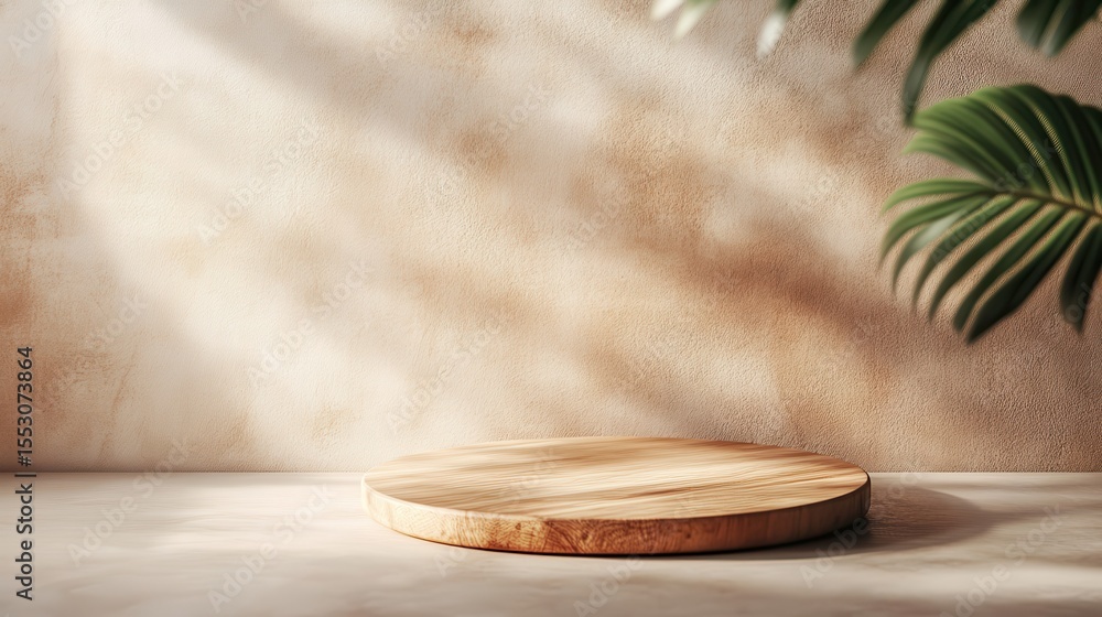 Poster a simple yet elegant wooden display platform set against a soft, textured background, perfect for sh