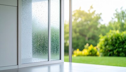 Modern interior with rain-speckled glass door, showcasing a lush garden view and serene atmosphere