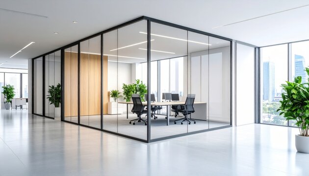 Modern office interior featuring glass walls, plants, and a collaborative workspace setup