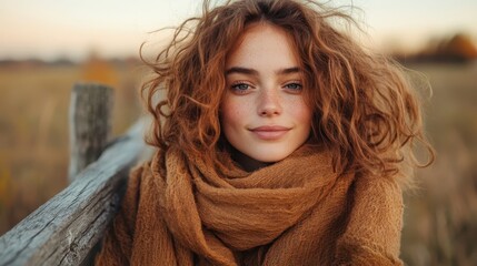 A warm, inviting portrait of a young woman with curly red hair wrapped in a cozy scarf, set against a scenic backdrop in nature, radiating beauty and serenity.