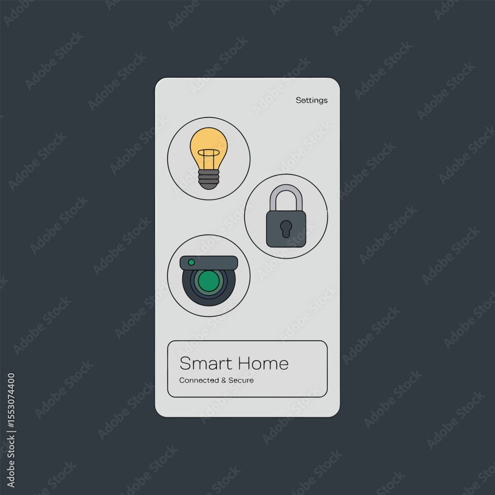 Poster smart home app interface lightbulb lock security camera icons white background connected secure sett