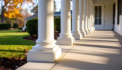 Obraz premium Elegant white columns line the porch of a beautiful home surrounded by autumn foliage