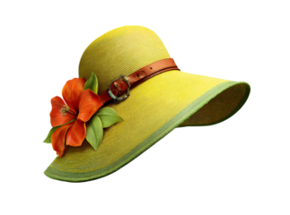 Elegant yellow sun hat with orange flower and brown leather band, Isolated On Transparent Background