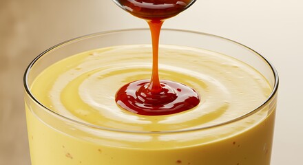 Rich Caramel Sauce Drizzles into Creamy Yellow Smoothie