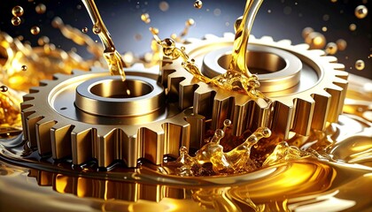 Close up of gears in industrial lubrication with shiny metal surfaces and oil splashes, mechanical, industrial