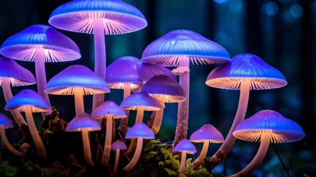 Luminescent Mushrooms on Mossy Log Glow with Blue and Purple Light in a Dark Forest, Creating a Fantasy Ambiance.