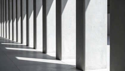 Modern architectural columns casting shadows in a minimalist interior space, emphasizing light