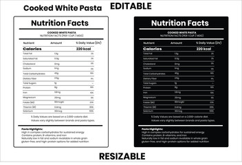 Cooked White Pasta nutrition facts, nutrition facts, nutrition, nutrition label, calories in food, nutrition info, supplement facts, vector template