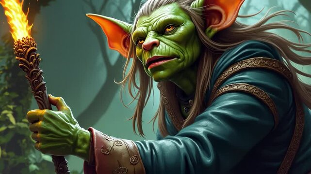 A female goblin warlock, with long hair and green skin, holding a staff with a glowing tip, in the style of a fantasy art painting