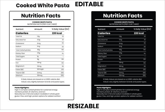 Cooked White Pasta nutrition facts, nutrition facts, nutrition, nutrition label, calories in food, nutrition info, supplement facts, vector template