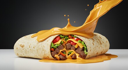 Cheesy Burrito Delight: Melted goodness explodes over a savory beef and veggie burrito.
