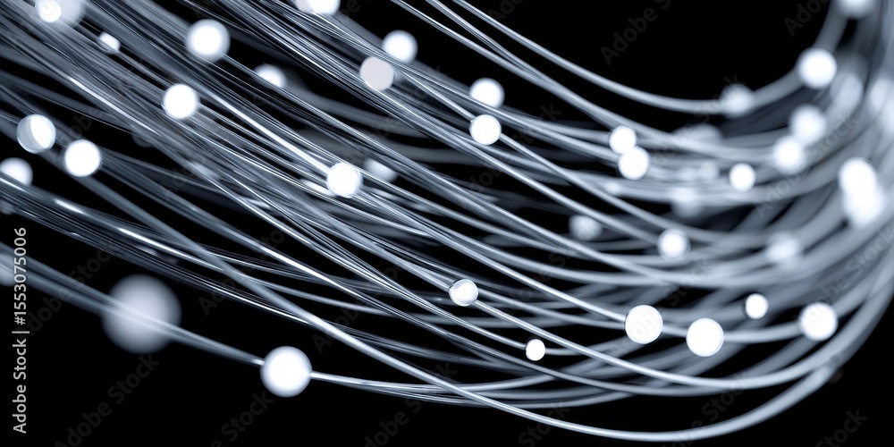 Poster intricate digital artwork with intertwined lines and luminous spheres in a modern abstract style