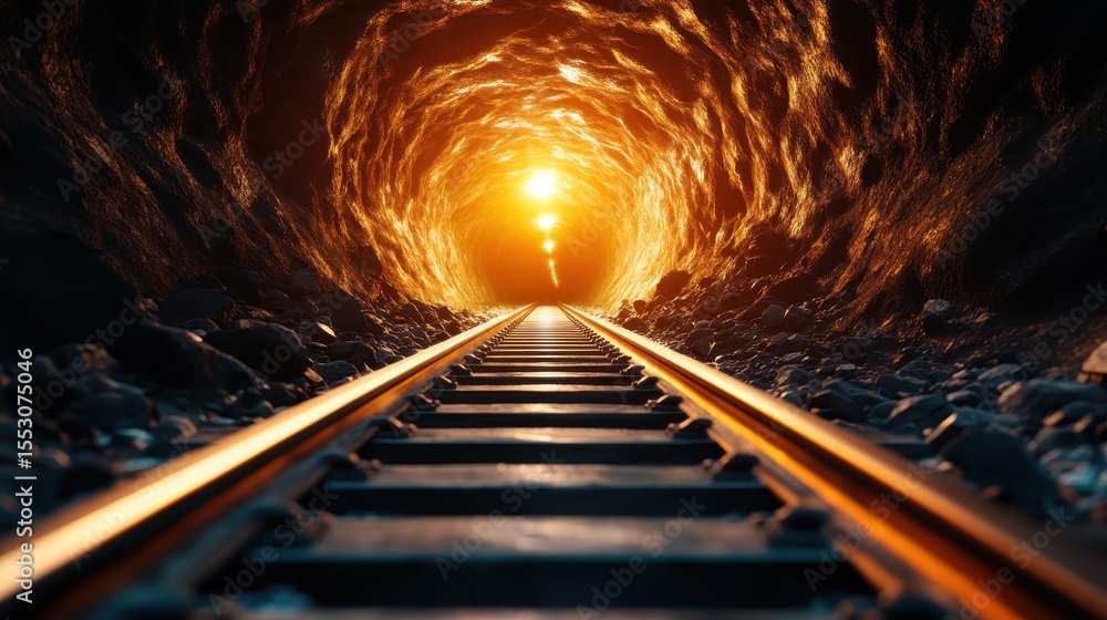 Poster a mesmerizing view of train tracks extending into a glowing tunnel, symbolizing a journey into the u