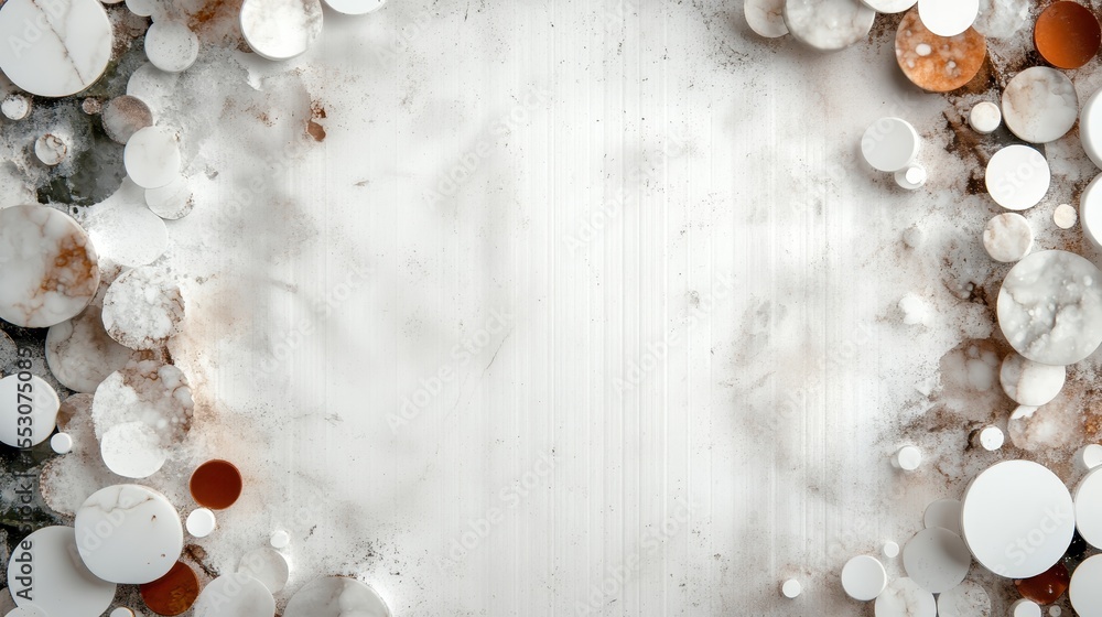Poster an intriguing abstract design featuring various circular shapes scattered on a light white backgroun