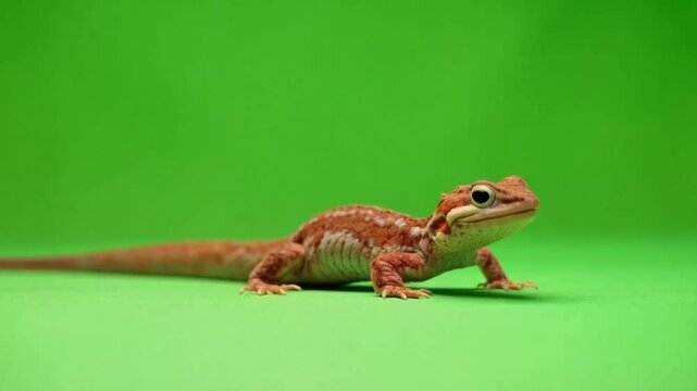 Small orange lizard crawling on a solid green background in a studio setting for reptile photography green screen video