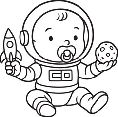 Baby Astronaut's Cosmic Journey: Adorable line art of a baby dressed as an astronaut, holding a rocket and a planet, ready for a space adventure, evokes the joy and wonder of exploration.