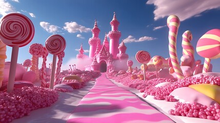 Enchanting Pink Castle in Candyland Landscape with Lollipop - Fairytale Fantasy Image