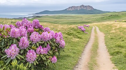 Fototapeta premium Pink Rhododendron Flowers Trail Coastal Mountain View