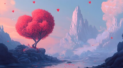 Enchanting Fantasy Valentine's Landscape with Red Tree Shape