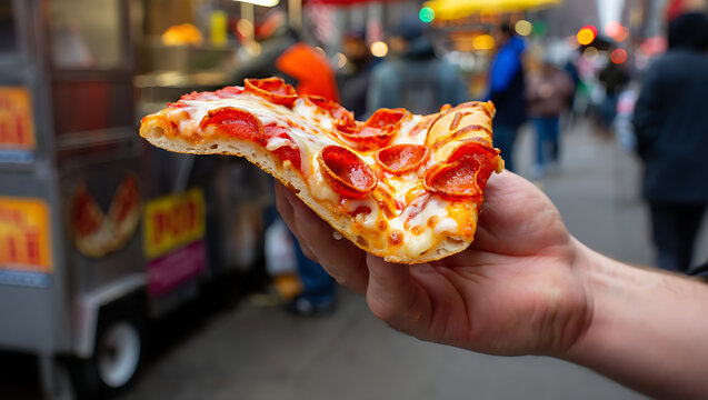 New York-style pizza slice being folded by hand thin crust greasy cheese and pepperoni toppings busy street food stall background