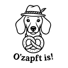 Dackel mit Trachtenhut und Brezel - Bayerischer Humor als Vektor. Ideal f&uuml;r Fans von Hunden, Trachtenfesten, Volkskunst und bayerischer Lebensfreude. Perfekt f&uuml;r Deko.