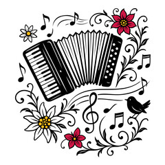 Akkordeon mit Noten, Blumen, Edelweiß und Vogel, Volksmusik Vektor. Ideal für Volksmusik, Trachtenfeste, Heimatkunst, Stickmuster, Blasmusik-Designs, Deko und Grafikprojekte mit alpenländischem Flair.