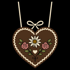 Lebkuchenherz mit Edelweiß und Rosen. Vektor im Trachtenstil. Perfekt für Volkskunst, Trachtenmode, Feste, Dekoideen, Feste im Oktober, für Print und kreative DIY-Projekte.