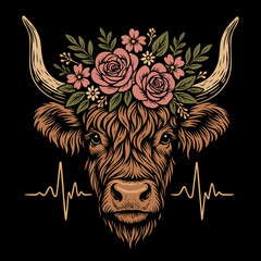 Highland-Kuh mit Blumenkranz und Herzlinie, Puls, Herzfrequenz, EKG.  Ideal für Tierliebhaber, Landliebe, Bauernhof-Deko, moderne Folklore und DIY-Projekte mit Naturbezug.