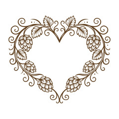 Herz aus Hopfenranken. Vektor im Landhausstil. Ideal für Brauerei-Deko, Landhausgrafik, Etiketten, Hochzeit oder regionale Genusskultur.