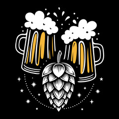 Zwei Bierkrüge mit Hopfenzapfen - Craft Beer Vektor. Perfekt für Bierdesigns, Homebrewing, Braukultur, Partydeko, Craft Beer Festivals, Etiketten oder Printprojekte.