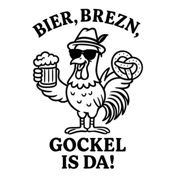 Gockel mit Bier und Brezel - Lustige bayerische Vektor Grafik. Perfekt f&uuml;r Humor-Motive rund um Volksfeste, Tiermotive und Partydeko. Feste im Oktober.