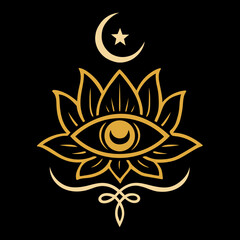 Mystisches Auge im Lotus mit Halbmond - Symbol für Intuition, spirituelle Klarheit und Schutz. Perfekte Wandkunst für Yoga, Esoterik und moderne Boho-Einrichtung.