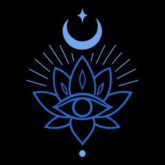 Lotus mit drittem Auge und Mondsichel - Spirituelle Line Art in Blau. Ideal für Esoterik, Intuition, Meditation, Tattoo, Yoga, Symbolkraft, Energiearbeit, Achtsamkeit und mystische Kunst.