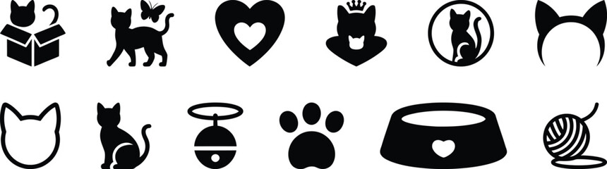 Cat icon silhouette vector set, collection of cat and pet icon in black isolated style for design and decoration