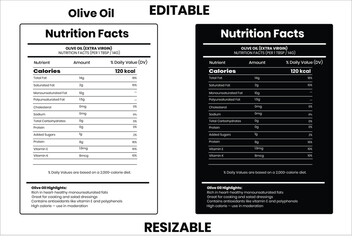 Olive Oil nutrition facts, nutrition facts, food label, calorie chart, protein infographic, healthy eating, vitamin chart, editable template, diet plan, meal prep nutrition, food packaging label