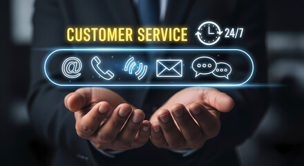 Obraz premium Omnichannel Support Vector: 24/7 Customer Service Hub with Phone, Chat & Contact Icons – Seamless Connection Infographic for Websites, Apps & Presentations