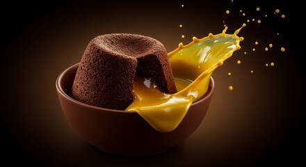 Molten Chocolate Lava Cake Explodes with Caramel Sauce in a Dramatic Splash
