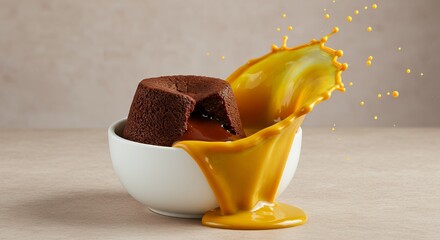 Molten Chocolate Lava Cake with a Splash of Golden Caramel Sauce