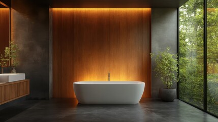 A serene bathroom featuring a freestanding tub, warm wooden accents, and large windows that invite nature's beauty into a tranquil, relaxing atmosphere.
