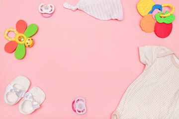 Cute baby rompers,bodysuit,hat,socks with toys,teethers,nipples.Set of kids,childrens clothes and...