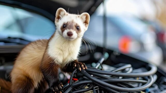 Curious sable ferret perched atop a car engine's wiring harness in a blurred outdoor setting, showcasing its coat and paws.