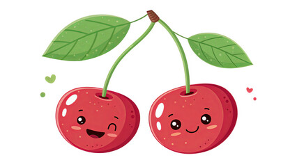 Adorable Cherries with Leaf Hats and Smiling Faces on Transparent Background