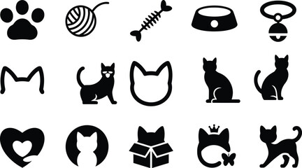 Cat icon silhouette vector set, collection of cat and pet accessory icon in black isolated style for design and decoration