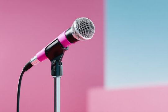 Pink microphone standing on a stand in a recording studio with pink and blue background
