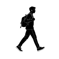 Fototapeta premium Young man walking with backpack in silhouette on white background 